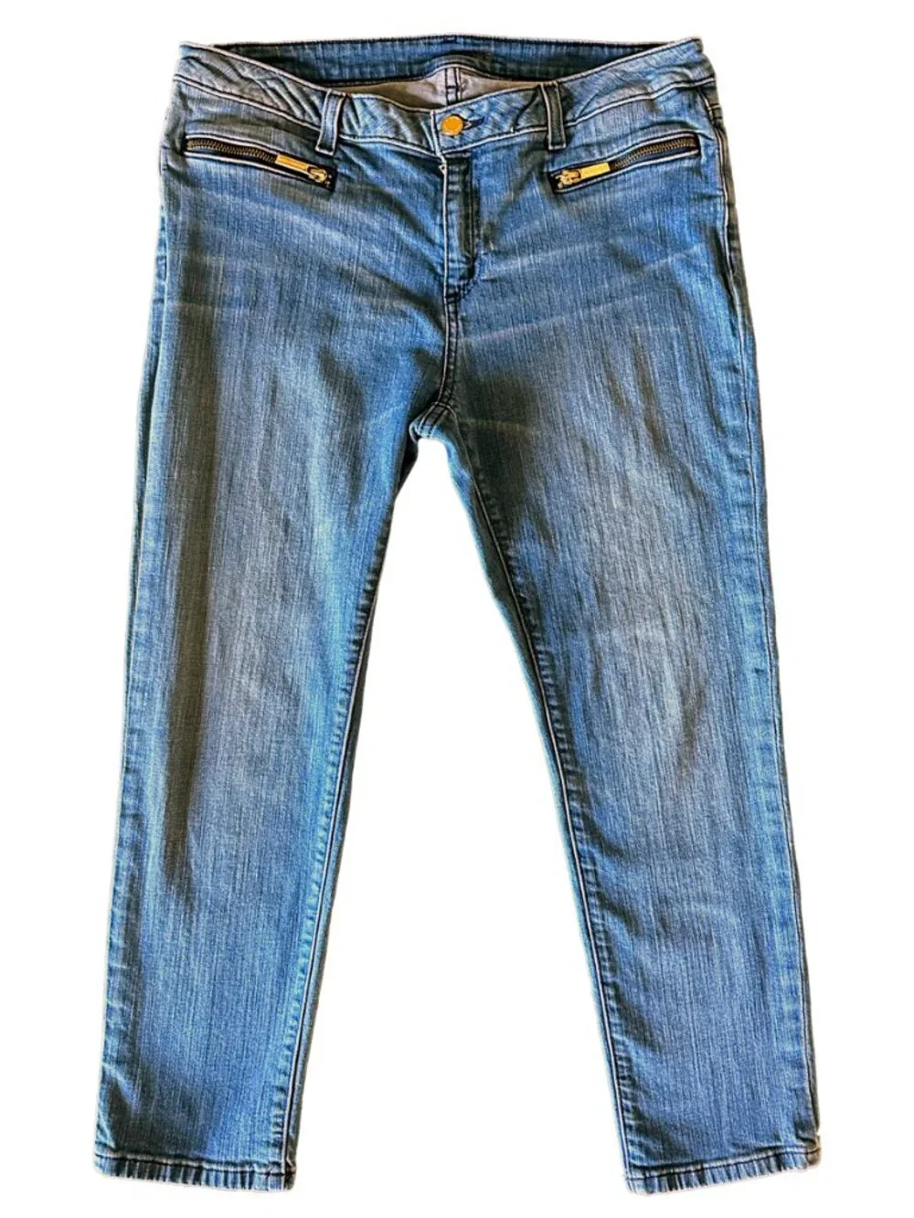 Michael Kors Izzy Skinny Jeans Blue Size 10 Gold Zip Pocket Stretch Denim